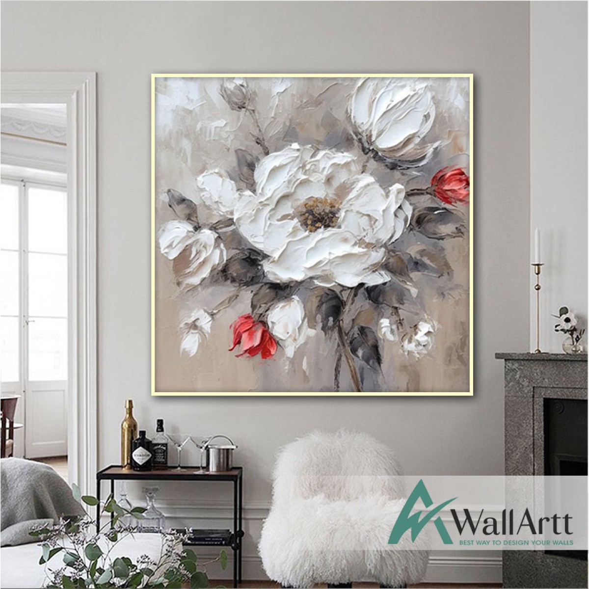 Red White Flowers 3d Heavy Textured Partial Oil Painting